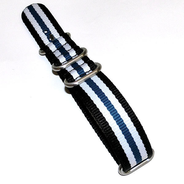 時計ナイロンバンド NATOベルト ブラック×ホワイト×ブルーライン 22mm幅