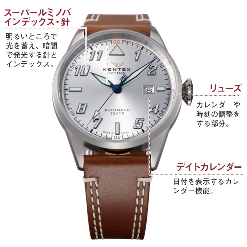 ケンテックス(Kentex)/SKYMAN(スカイマン)/パイロットアルファ/自動巻き/ブラウンレザーベルト/S688X-16 腕時計