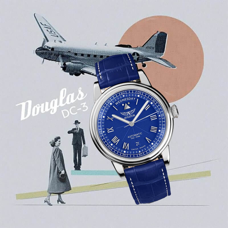AVIATOR(アビエイター) DOUGLAS(ダグラス) デイデイト 41 自動巻き 腕時計 ブルー V.3.35.0.276.4
