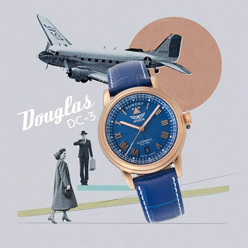 AVIATOR(アビエイター) DOUGLAS(ダグラス) デイデイト 41 自動巻き 腕時計 ブルー V.3.35.2.277.4