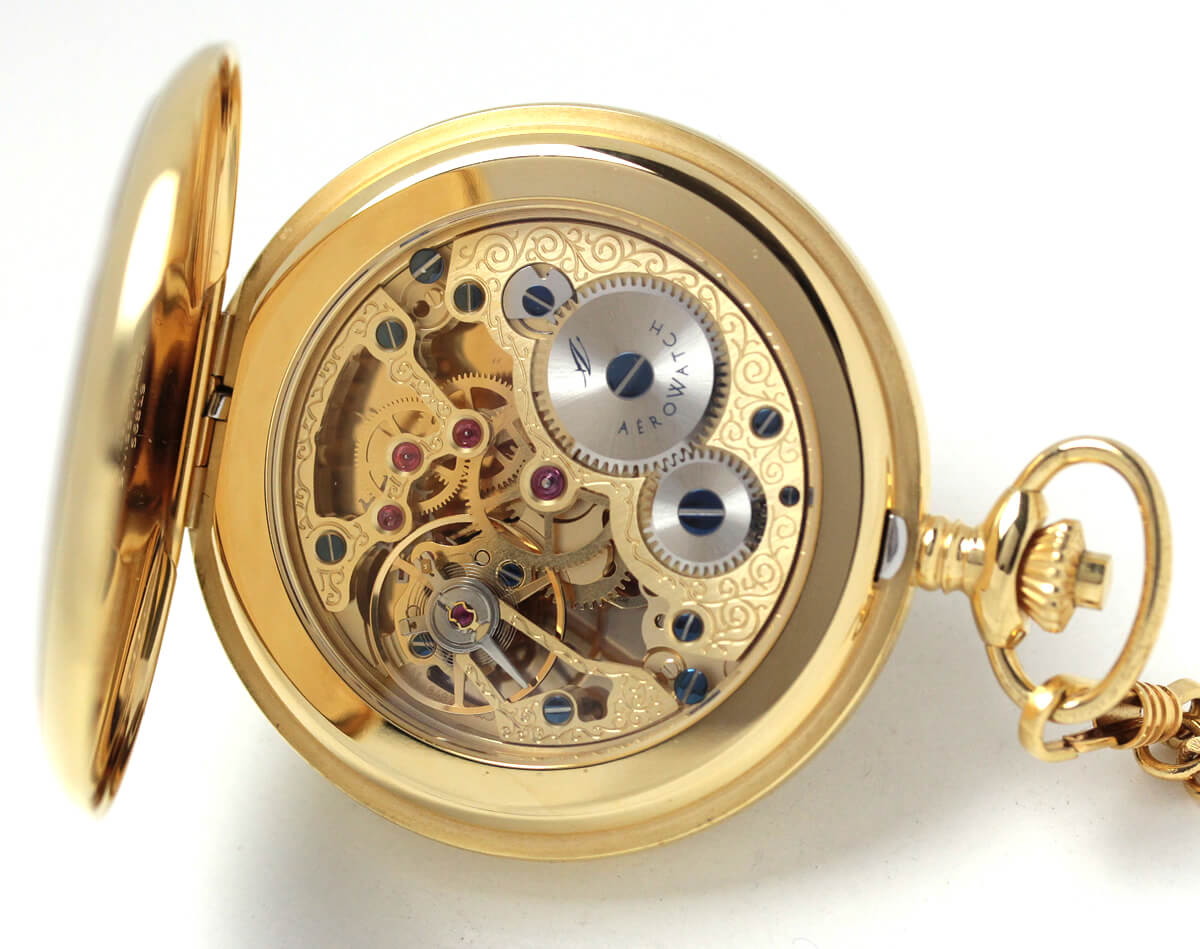 aero(アエロ)懐中時計　56819j501 ゴールドカラーのフルスケルトンモデル