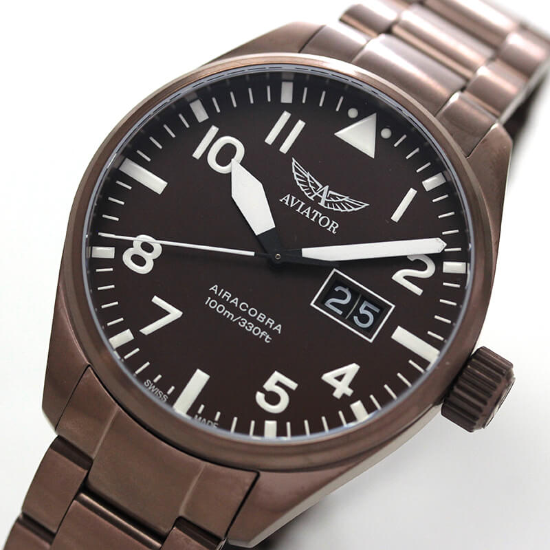 aviator(アビエイター)　スイスブランド　腕時計　パイロットウォッチ　アビエイターエアラコブラp42 AIRACOBRA　正面　アップ　ミリタリー