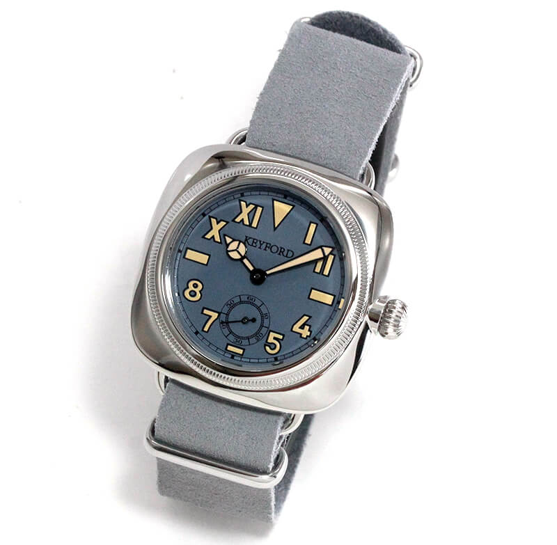 MRMW (Montre Roroi Military Watch) Cushion watch with California dial, smoky grey, model number 221147