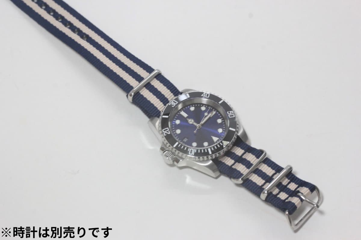 時計ナイロンバンド　NATOベルト ベージュ × ネイビー ダブルライン 20mm