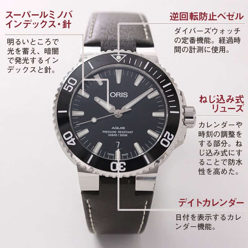 オリス/Oris/ダイビング/AQUIS(アクイス) デイト/ブラック文字盤/レザーベルト/ 733 7730 4134-07 5 24 10EB 腕時計