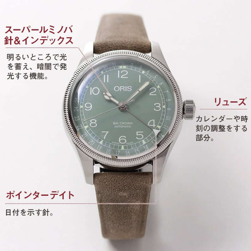 オリス　ビッグクラウン  ポインターデイト 36mm/グリーン/ 754 7749 4067-07 5 17 68　ボーイズ/レディース　腕時計