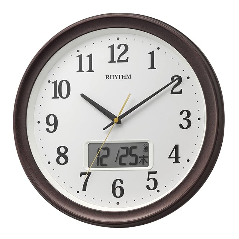 RHYTHM リズム 液晶表示付き 電波 掛け時計 フィットウェーブリブA02　8FYA02SR06　茶色メタリック