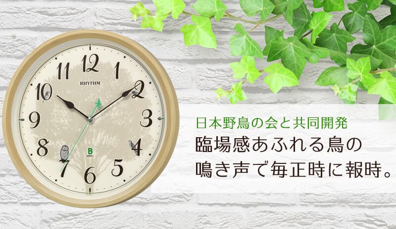 RHYTHM リズム 日本野鳥の会 四季の野鳥 報時掛時計　報時付き 電波掛け時計 8MN409SR06