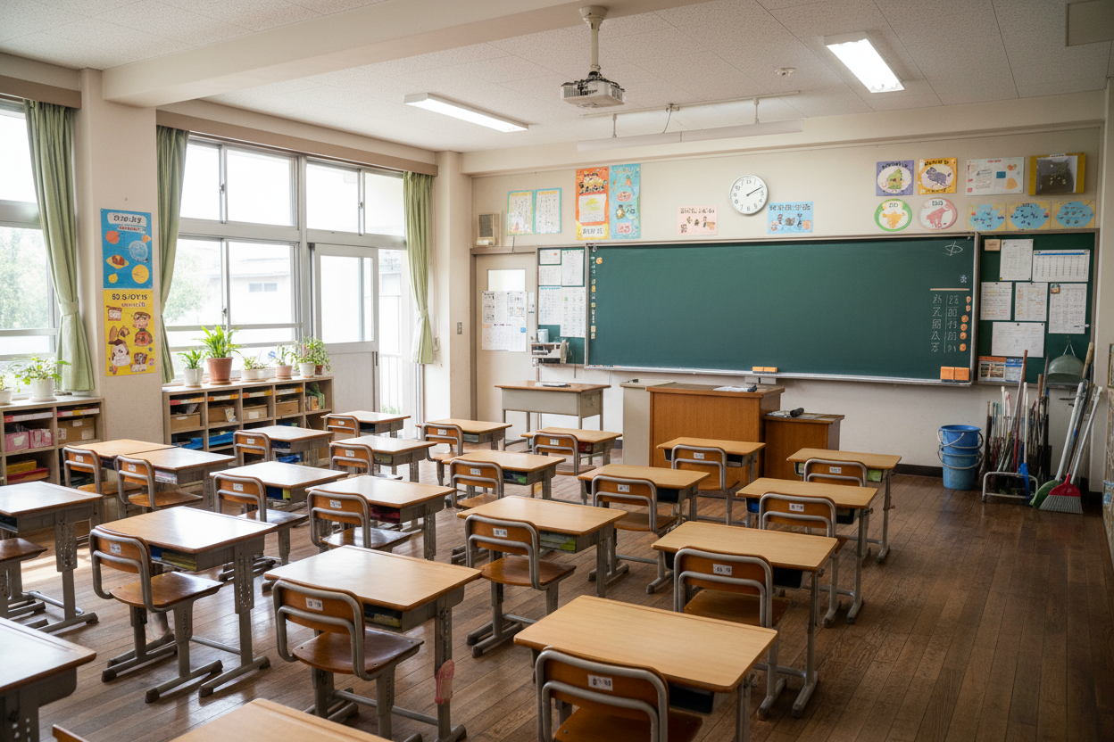 日本の小学校の教室。黒板は何も書かれていない状態