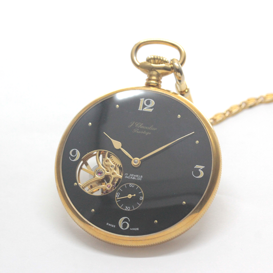 認定中古品シュバリエ（J.chevalier）/シースルーバック懐中時計/黒文字盤/ローマン数字/chevalier-101