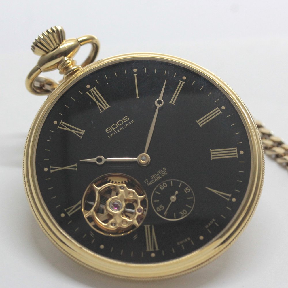 認定中古品のエポス（epos）/スケルトン懐中時計/2090gpbk/黒文字盤/ローマン数字/epos-110