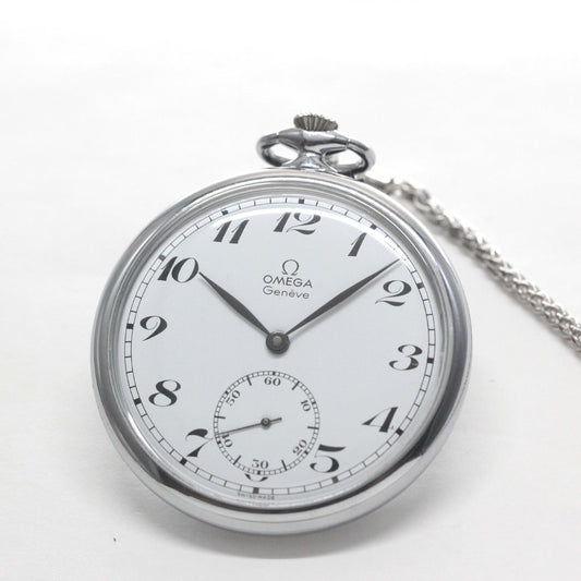 絶版モデルのオメガ / OMEGA / 1974年製 / ヴィンテージウォッチ / オープンフェイス懐中時計 / アラビア数字/ 純正チェーン付 / omega-127