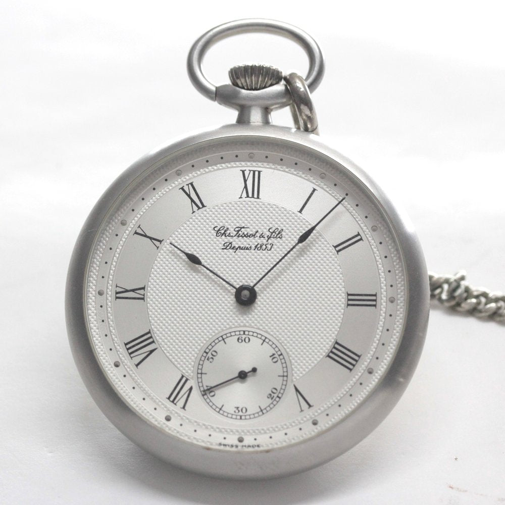 絶版モデルのティソ（TISSOT）/ ヴィンテージウォッチ / シルバーカラーオープンフェイス /ローマン数字/ 手巻き式 / 懐中時計 / tissot-1040