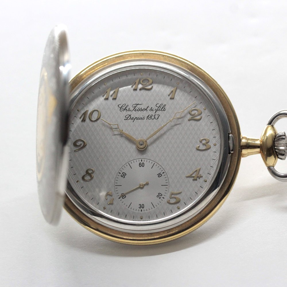 絶版モデルのティソ（TISSOT）/ ヴィンテージウォッチ / コンビカラー/ ハンターケース /アラビア数字/ 手巻き式 / 懐中時計 /tissot-1043