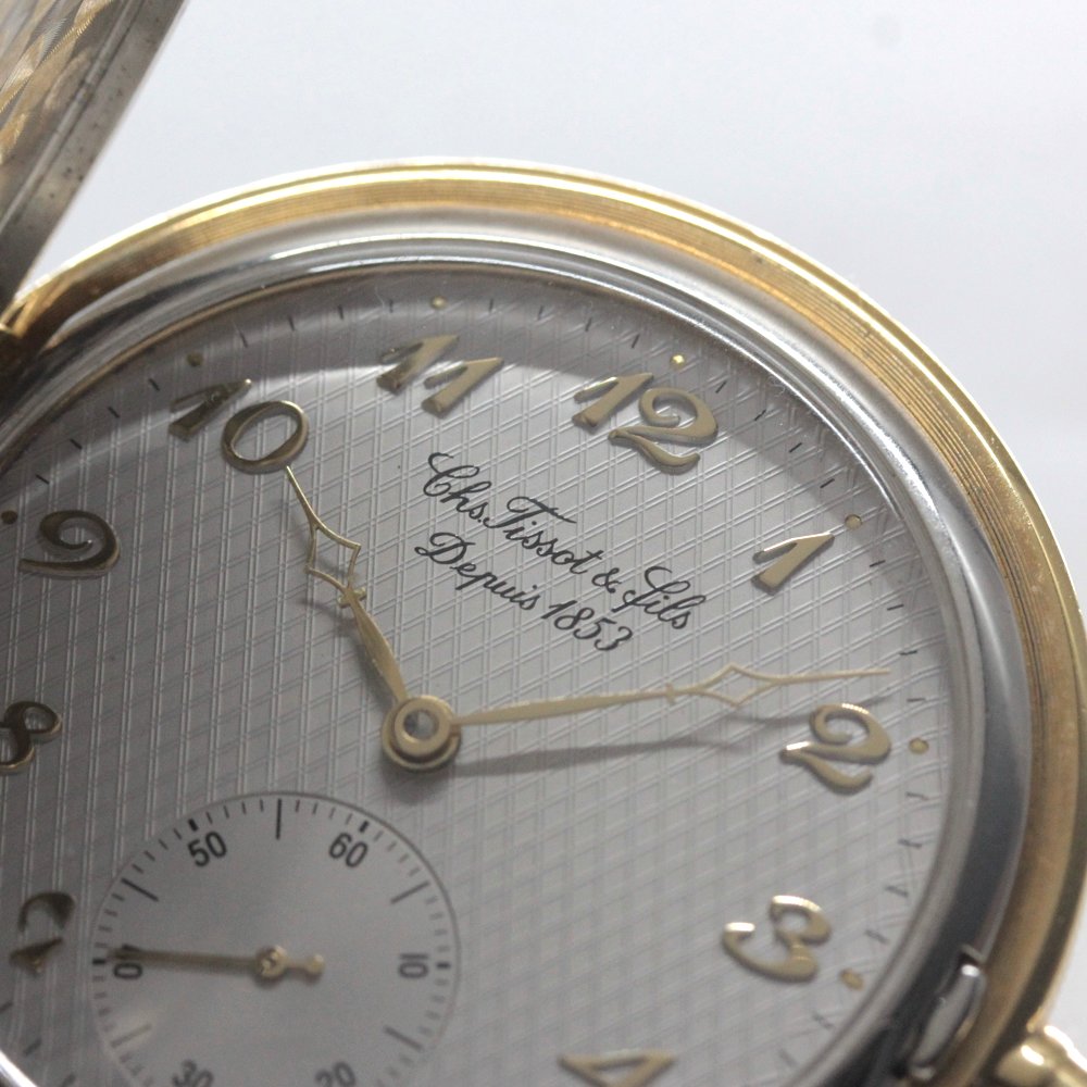 絶版モデルのティソ（TISSOT）/ ヴィンテージウォッチ / コンビカラー/ ハンターケース /アラビア数字/ 手巻き式 / 懐中時計 /tissot-1043