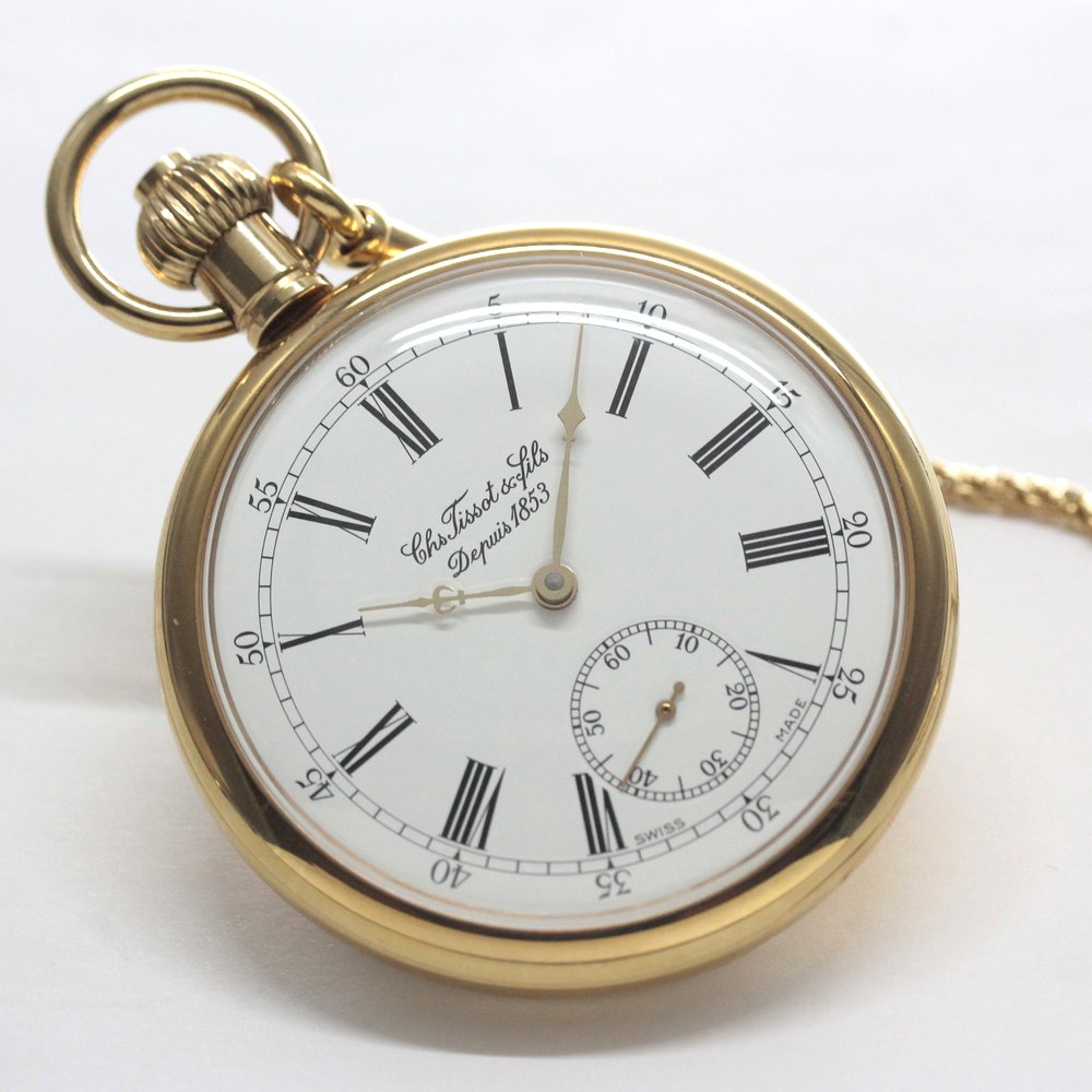 絶版モデルのティソ（TISSOT）/ ヴィンテージウォッチ / ゴールドカラーオープンフェイス / ローマン数字/ 手巻き式 / 懐中時計 / tissot-1048