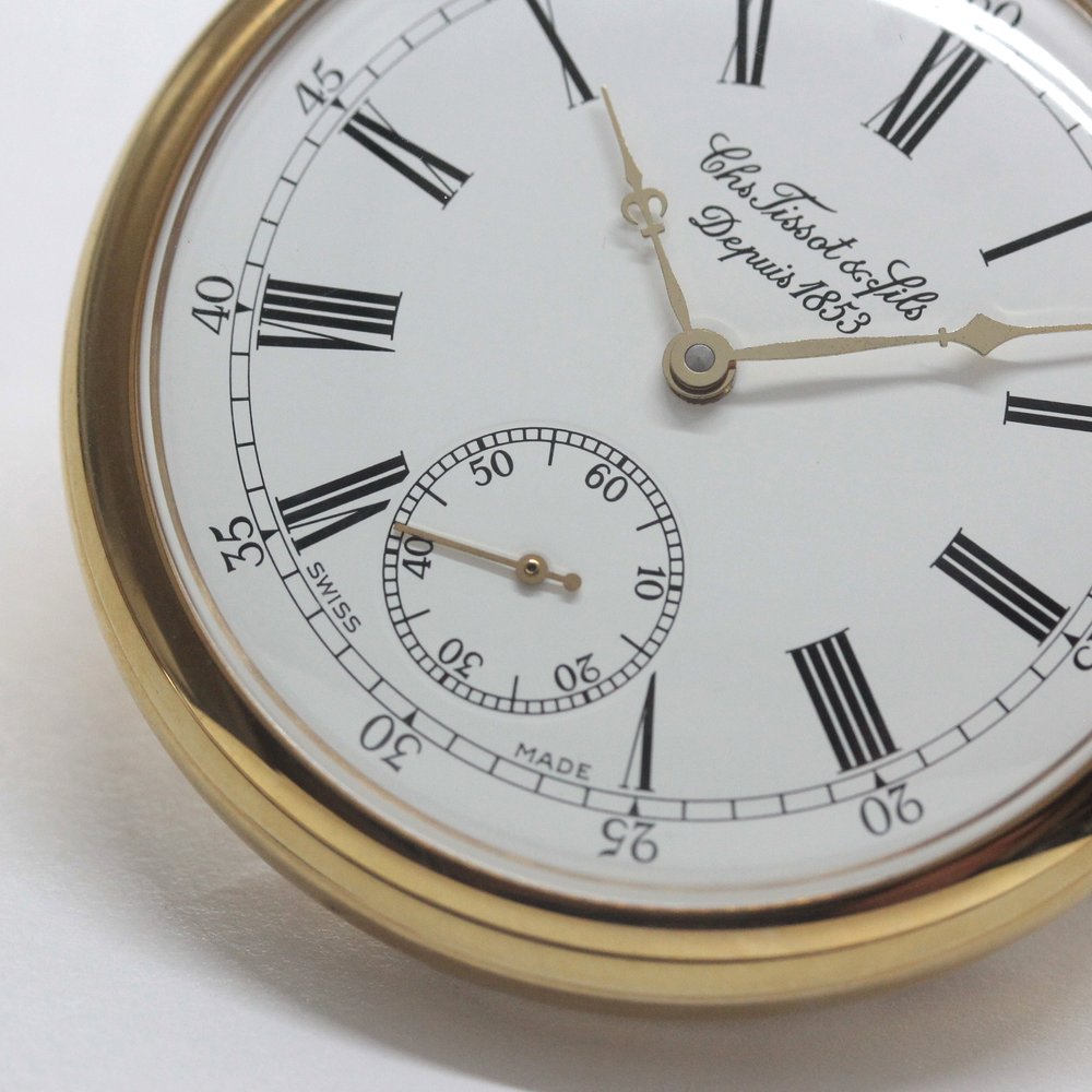 絶版モデルのティソ（TISSOT）/ ヴィンテージウォッチ / ゴールドカラーオープンフェイス / ローマン数字/ 手巻き式 / 懐中時計 / tissot-1048