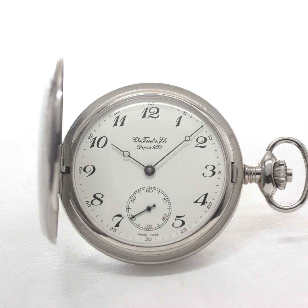 絶版モデルのティソ / TISSOT /シルバーカラー/アラビア数字/ハンター 懐中時計 /ヴィンテージ / tissot-1058　正面