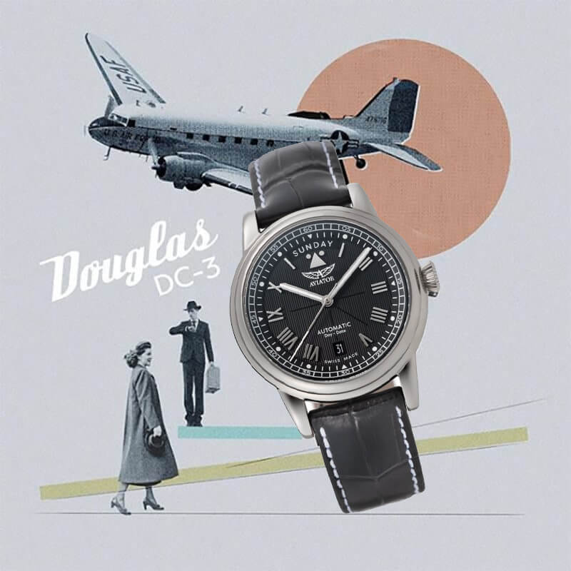 AVIATOR(アビエイター) DOUGLAS(ダグラス) デイデイト 41 自動巻き 腕時計 ブラック V.3.35.0.274.4