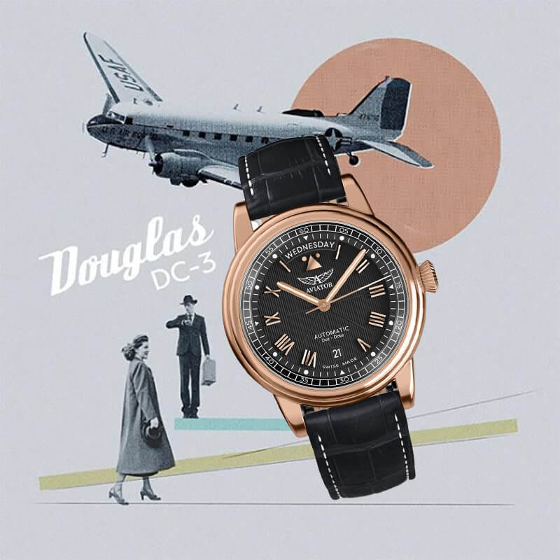 AVIATOR(アビエイター) DOUGLAS(ダグラス) デイデイト 41 自動巻き 腕時計 ブラック V.3.35.2.275.4