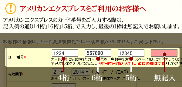 アメリカン・エクスプレスをご利用のお客様へ。カード番号をご入力する際は、記入例の通り、4桁・6桁・5桁で入力し、最後の一枠は無記入でお願いします。