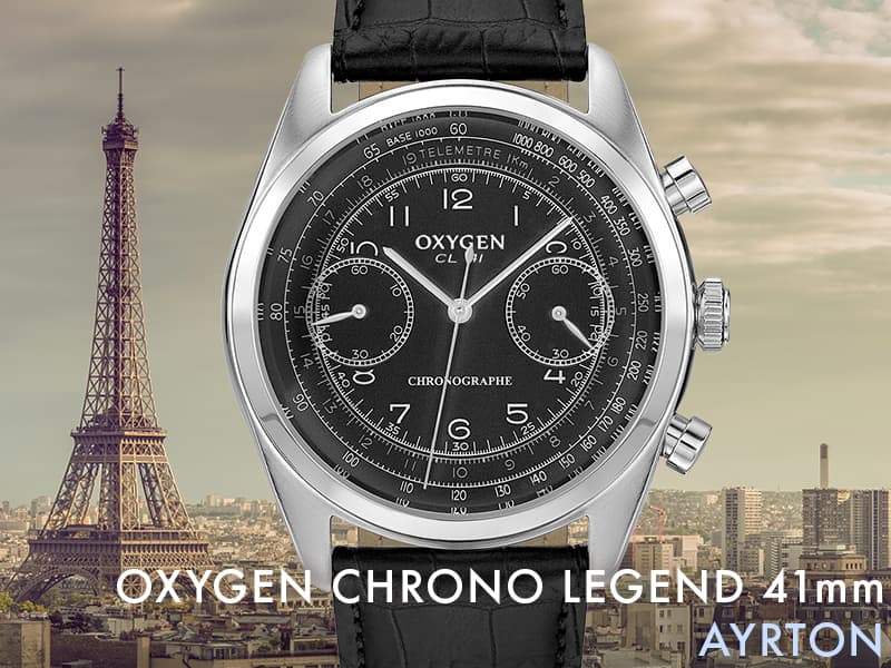 裏蓋から覗く精密機械の重なりが心くすぐるおしゃれなクォーツ腕時計。OXYGEN Chrono Legend 41mm AYRTON L-CH-AYR-41