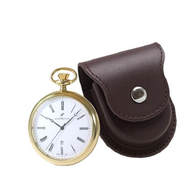 アエロ（AERO）クォーツ式懐中時計と正美堂オリジナル革ケース(ブラウン)　セット 25795J501-SP408F
