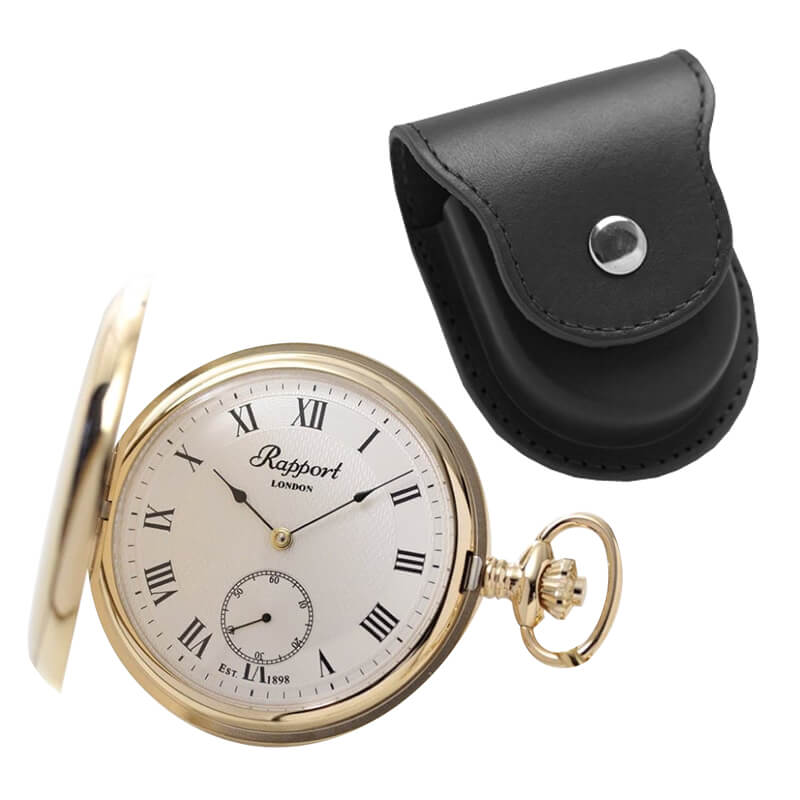 Rapport(ラポート) 手巻き式 フルハンター 懐中時計 ゴールドカラー　PW20と懐中時計専用革ケースのセット