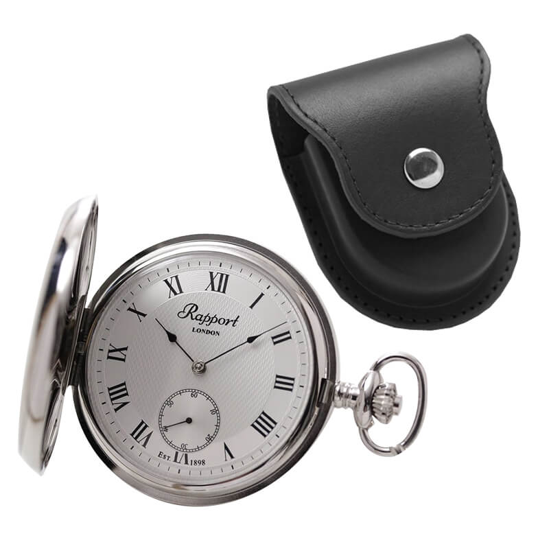 Rapport(ラポート) 手巻き式 フルハンター 懐中時計 シルバーカラー　PW21と懐中時計専用革ケースのセット