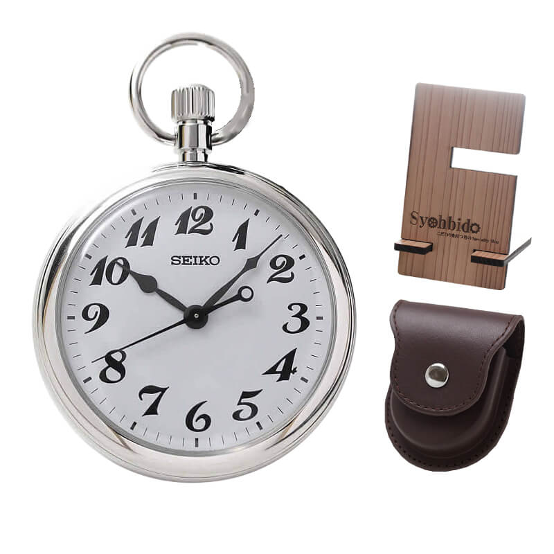 セイコー(SEIKO)鉄道時計SVBR003/懐中時計、オリジナル革ケース、木製