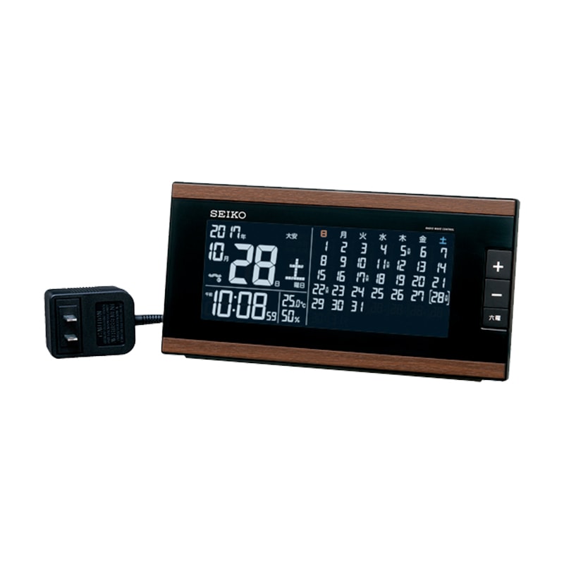 愛用 茶 セイコー クロック 掛け時計 置き時計 兼用 月めくりカレンダー 電波 デジタル 六曜 温度 湿度 表示 メタリック SQ421B SEIKO  茶 - デジタル - hlt.no